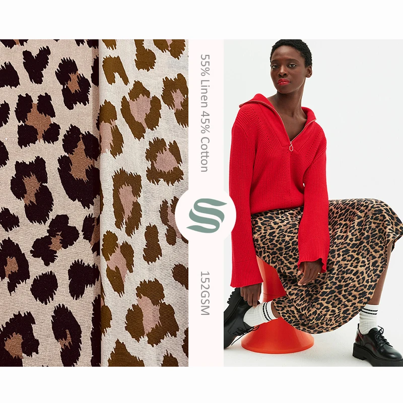 High quality 55% Linen 45% Cotton blended fabric printed leopard nature fabric breathable and cool for dresses
