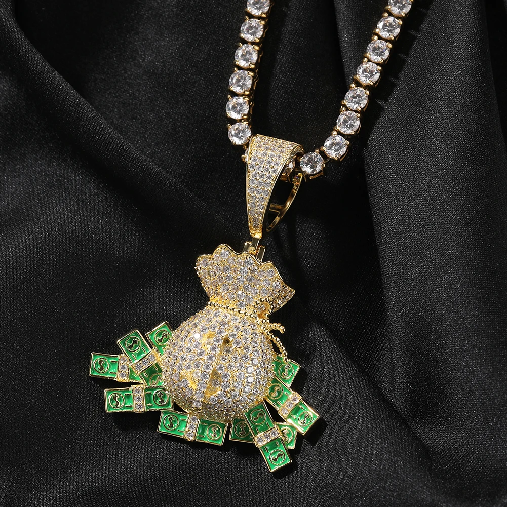Hip Hop Classical US Dollar Pendant Jewelry CZ Bling Fancy Big Enamel Dollar Necklace Pendant for Mens Women Gift