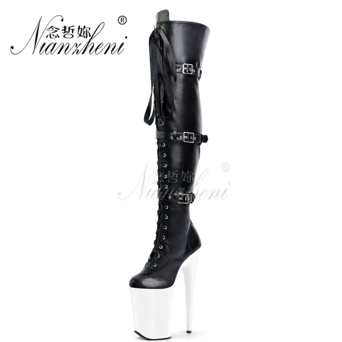 Pole Dance Long Boots Round Toe 23cm Catwalk Fashion Nightclub Sexy Fetish Retro Belt Buckle Stripper Heel Models Catwalk Gothic