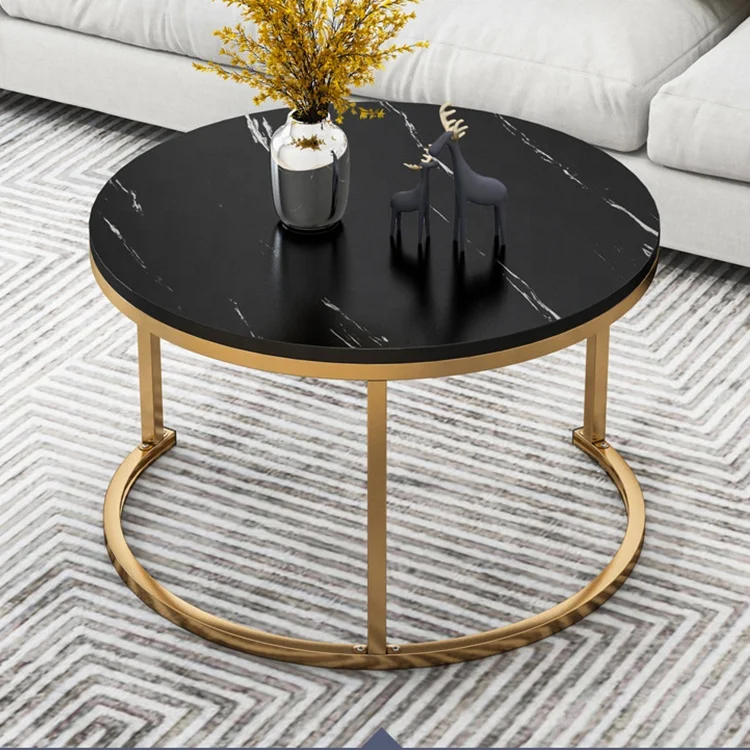 Wood various material top marble texture wrought iron minimalist living room furniture luxury coffee table set