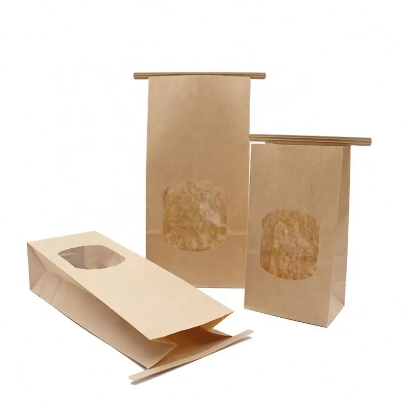 Square Block Flat Bottom Gusset Coffee Bean Tin Tie dessert Kraft Paper Bag with Window