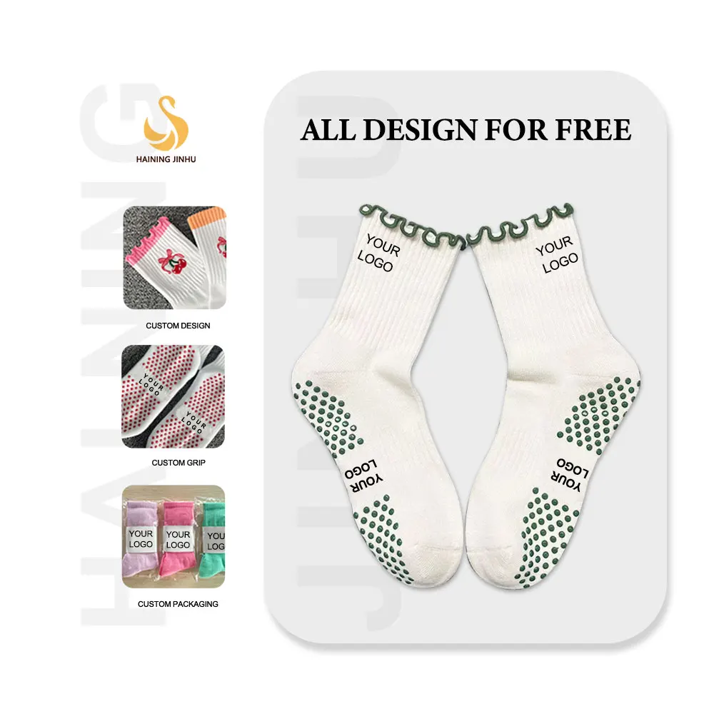 Custom Made Knitting Embroidery Logo High Quality Non Anti Slip Yoga Socks Women Ladies Cotton Ankle Crew Grip Pilates Socks