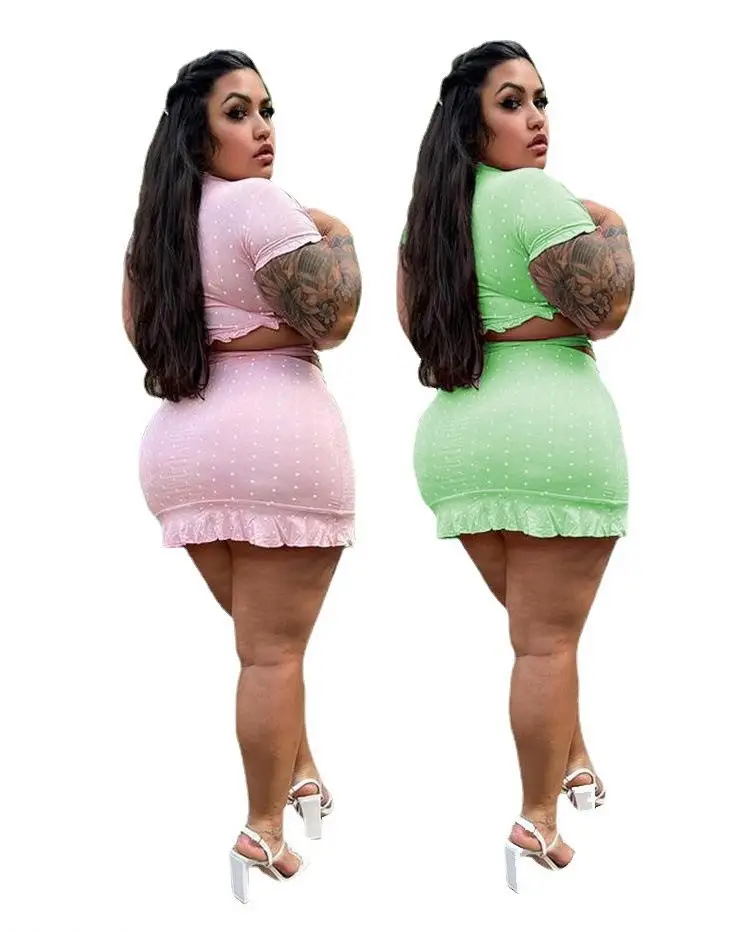 Plus Size L-4xl Ruffles Skirt 2 Piece Set For Women Clothing Polka Dot Print V-neck Two Piece Skirts Set Womens Set Plus Size