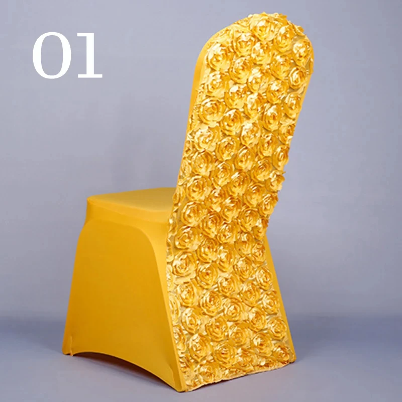 Factory Price Banquet Chair Cover Blue Pleated Skirt Rosette Back Chair Slipcover for Dining Room