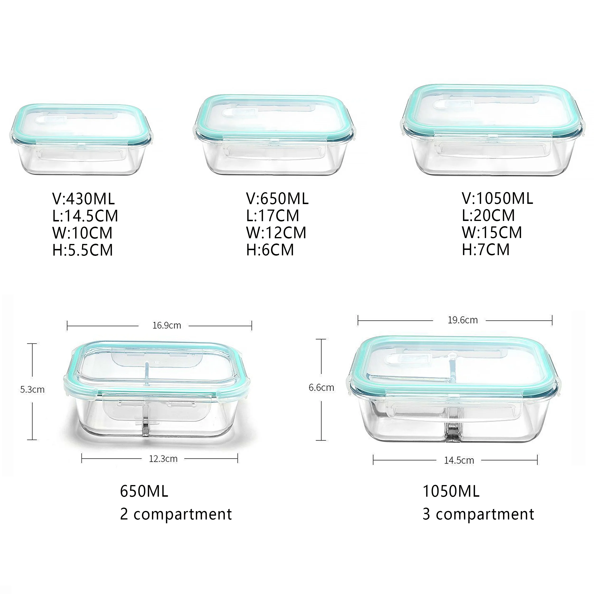 400Ml 950Ml 1050Ml 3 Compartment Microwave Oven Heating Lunch Box Food Borosilicate Glass Container With Plastic Lid