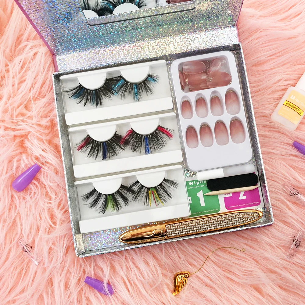 Wholesale Own Band 100% 25mm Glittering Fluffy Eyelash Full Strip Eyelashes Promote Private Label Lashes And Press On Nails Kit