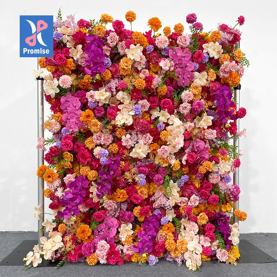 Promise Factory Wedding Decoration Background Silk Colorful Rose Flower Wall Roll Up Flower Wall