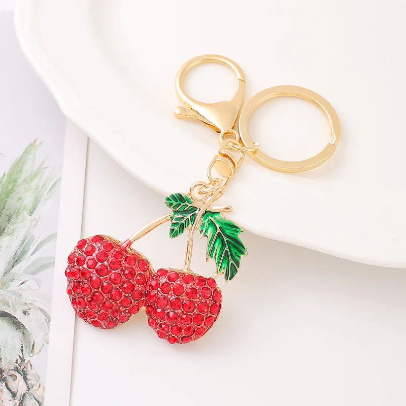 fashion Crystal glitter Cherry Keychain Girl Rhinestone Fruit Cherry key ring bling cherry bag charm pendant jewelry accessories