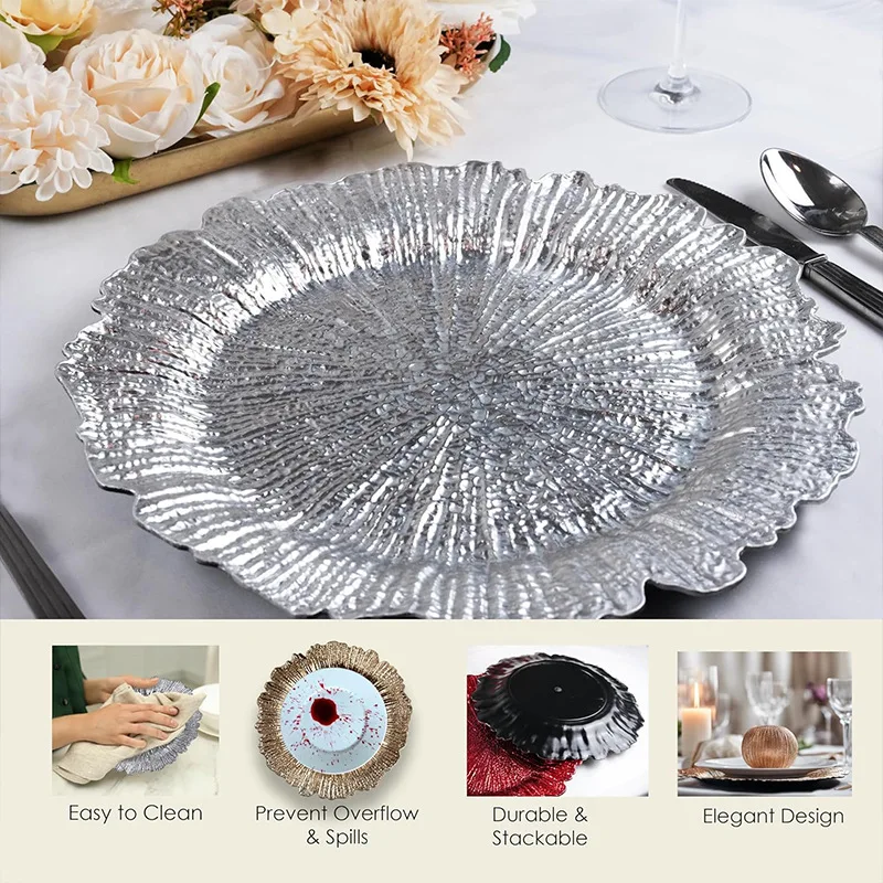 Plastic Reef Charger Plates Glossy 13' Charger Plates Floral Rim Luxury Charger Plates Gold for Wedding Decoration