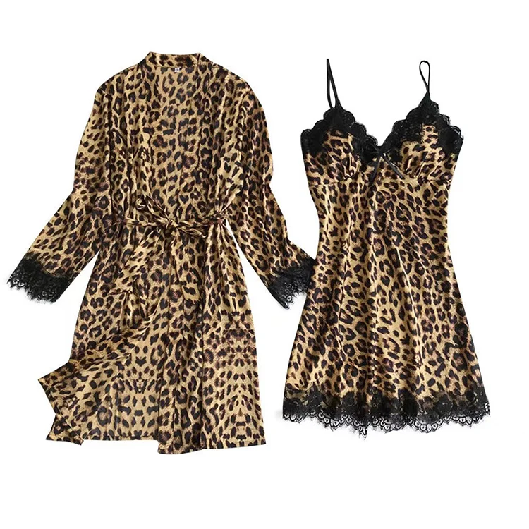 Leopard silk lingerie robes pyjamas women satin sexy temptation lace pajamas 4 piece sleepwear set shorts two-piece home service