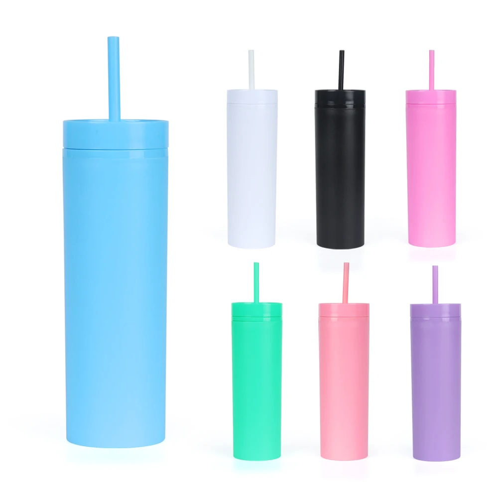 B14-1139 16oz Plastic Skinny Tumbler Cups with Various Colors Stocked BPA Free 16 oz Plastic Water Cup with lid and Straw