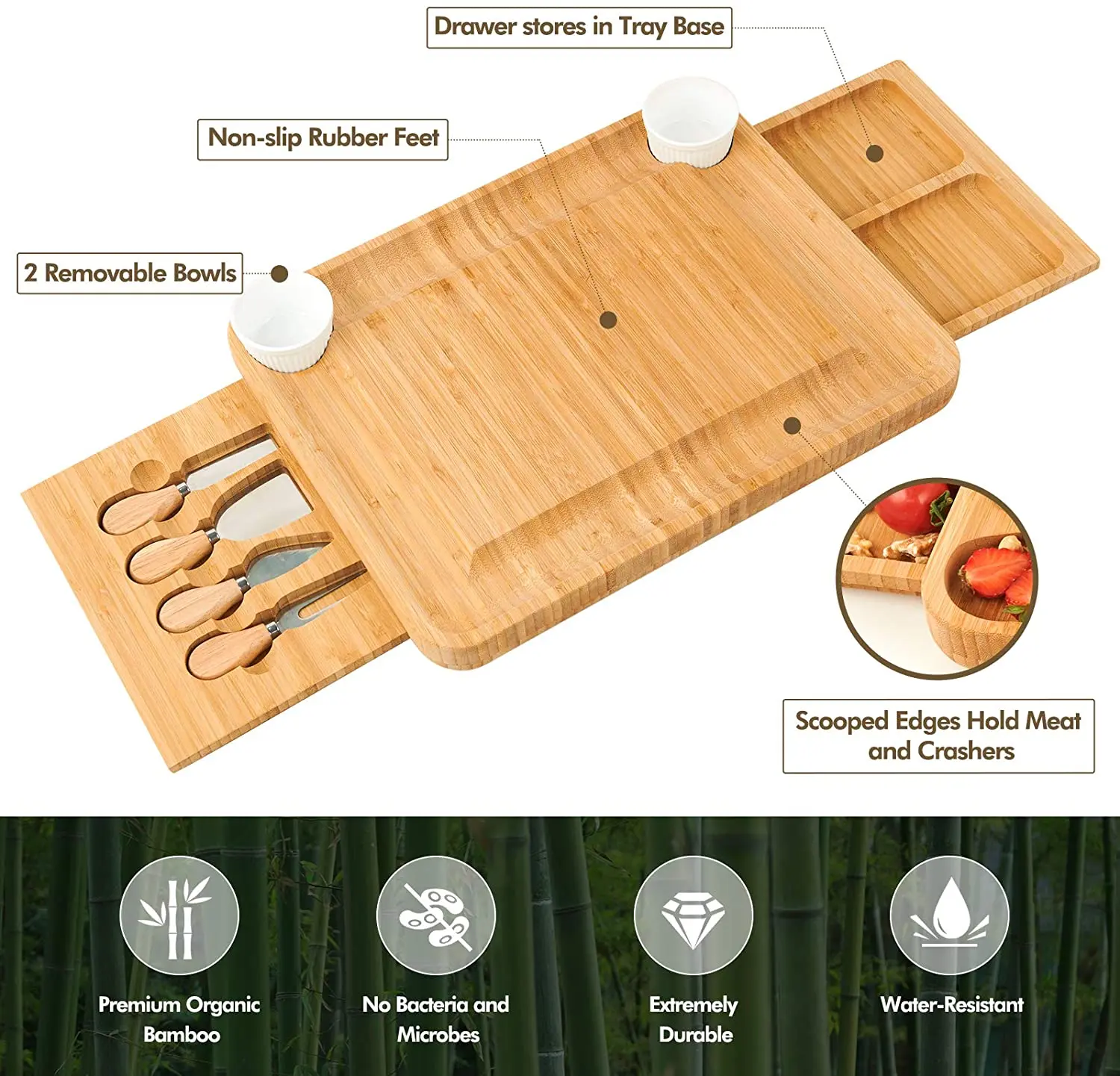 Charcuterie Platter & Serving Tray, Bamboo Cheese Board & Cutlery Set with 2 Slide-Out Drawers and  Knives