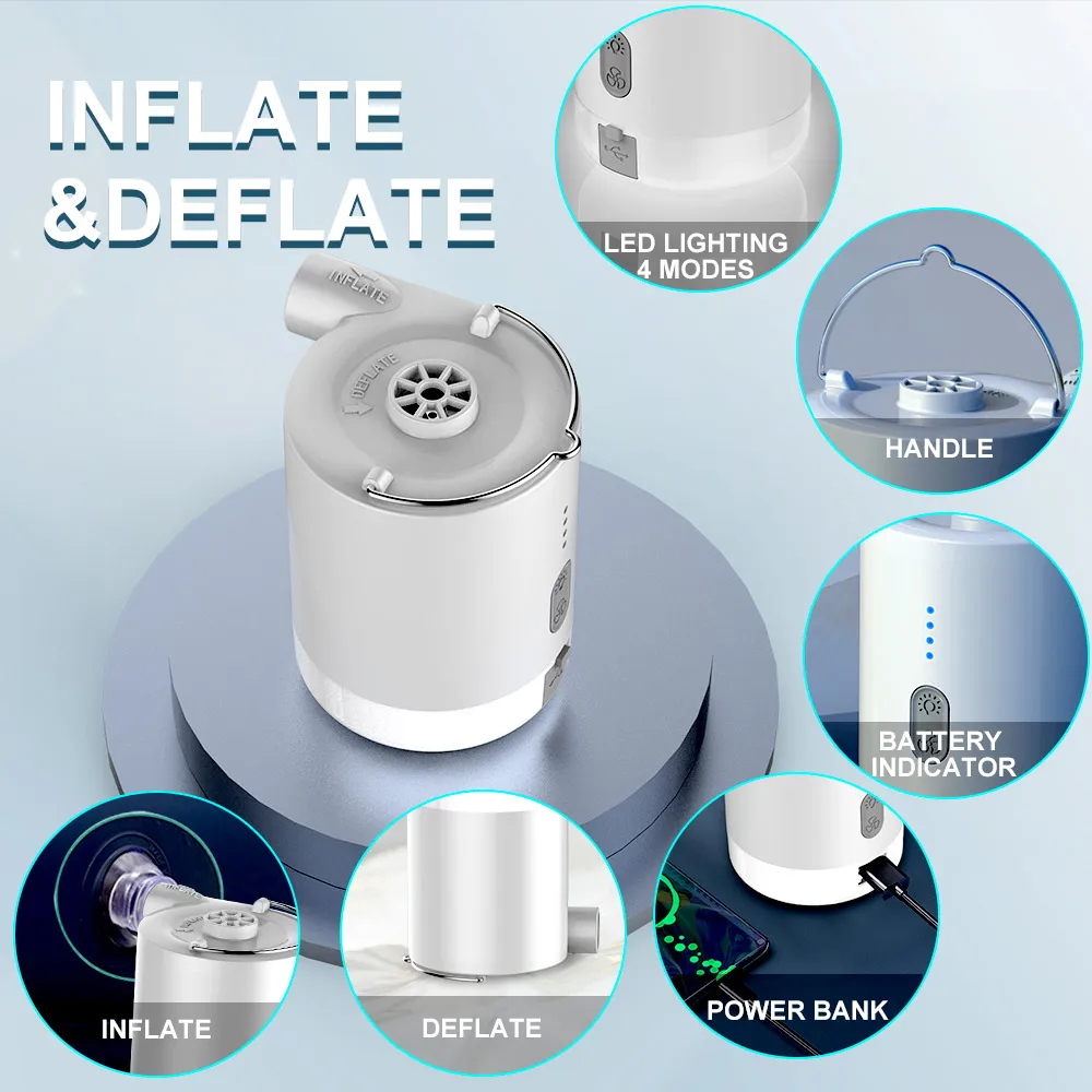 Rechargeable Portable USB-Cordless Camping Air Bed Pump Mini Electric Battery Inflator/Deflater With Camp Lantern