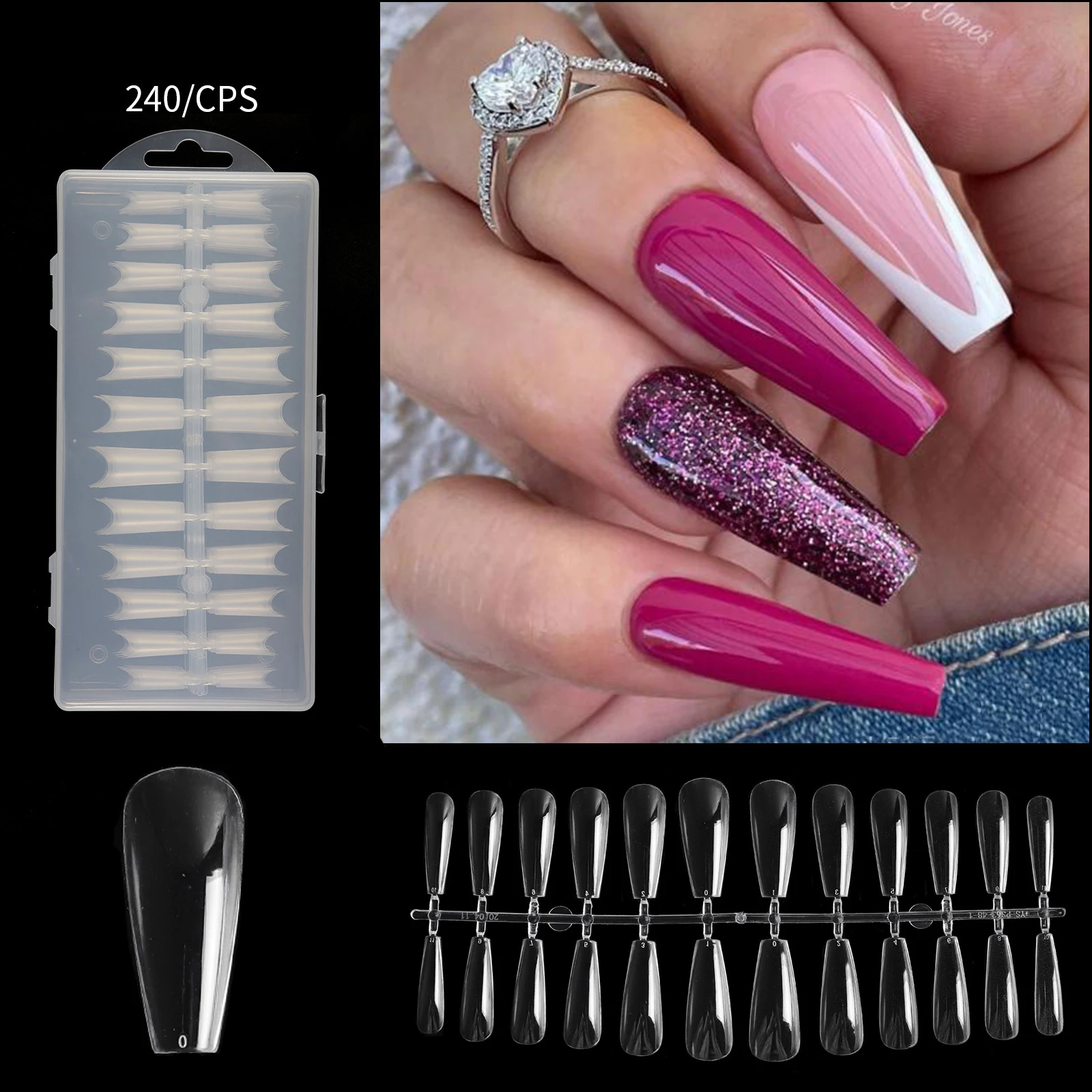 SAIYII 240pcs Nails Press On Clear Medium Coffin Artificial Fingernails Tips With Box