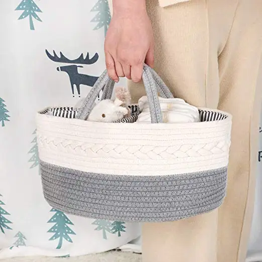 QJMAX Baby Diaper Caddy Organizer Custom Cotton Rope Nursery Storage Bin With Divider Baby Shower Gift Bag