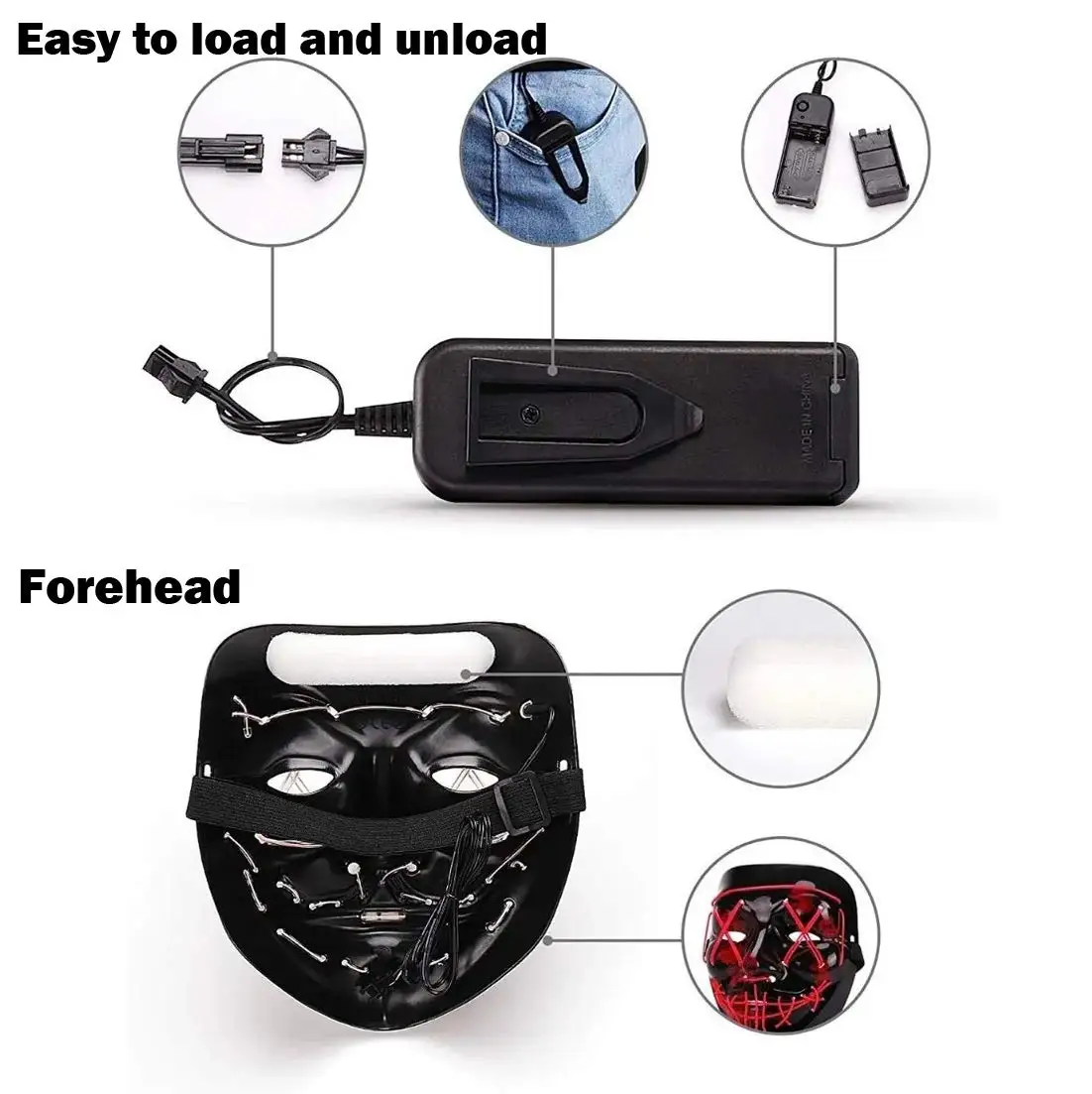 2023 Halloween LED Mask Cold Light  Halloween Party Cold V-shaped Face Mask Led Cold Light  Scary  Hot Seller mask