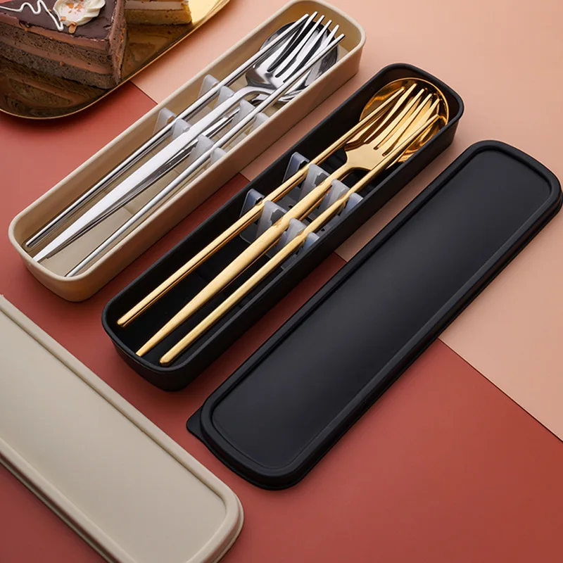 Korean Style Reusable Gold Cutlery Set besteck Color Handle Portable cutlery Travel Camping set spoon fork chopstick set