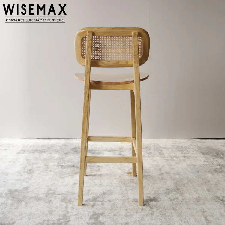 WISEMAX FURNITURE Modern High Back Wooden Rattan Bar Stool Chair Cane Wicker Dining Chair for Restaurant Cafe