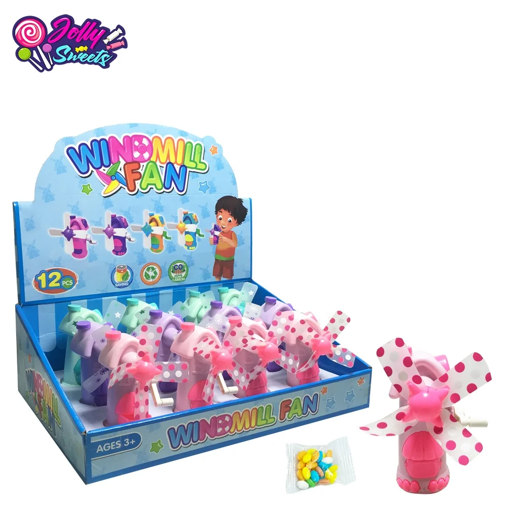 JollySweets windmill shape hand driven fan pencil sharpener plastic toy with candy