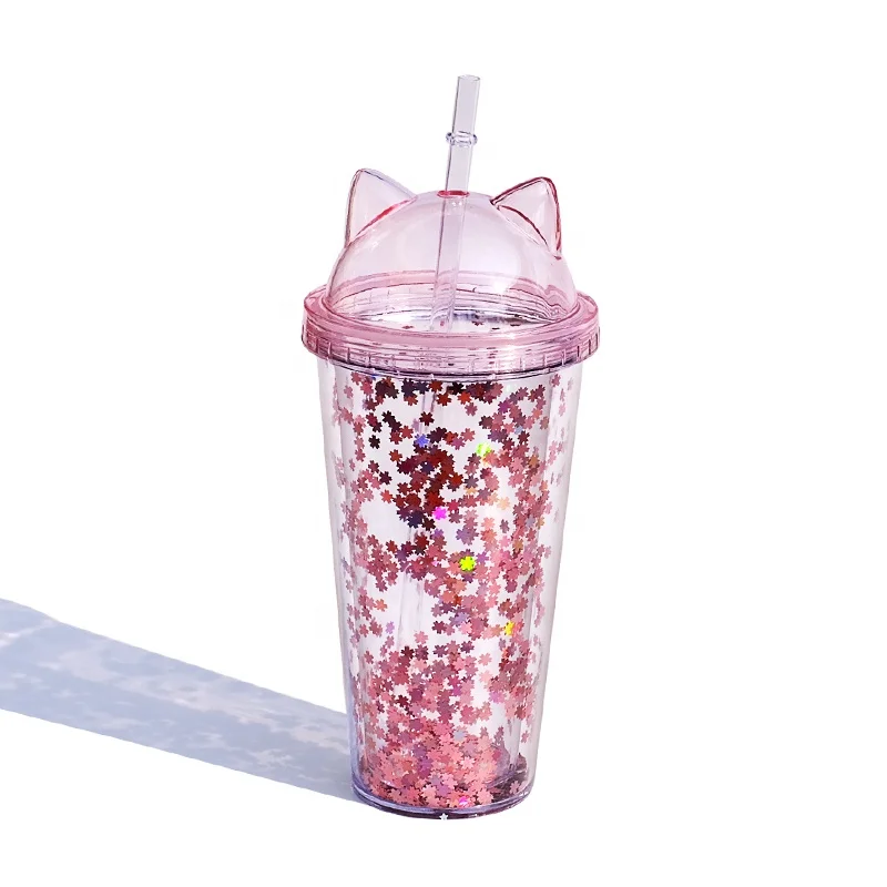 
Girlwill Cat Ear Lids Double Wall Glitter Tumbler Cup with straw Custom Logo Supports OEM/ODM Coffee Mugs Wholesale 