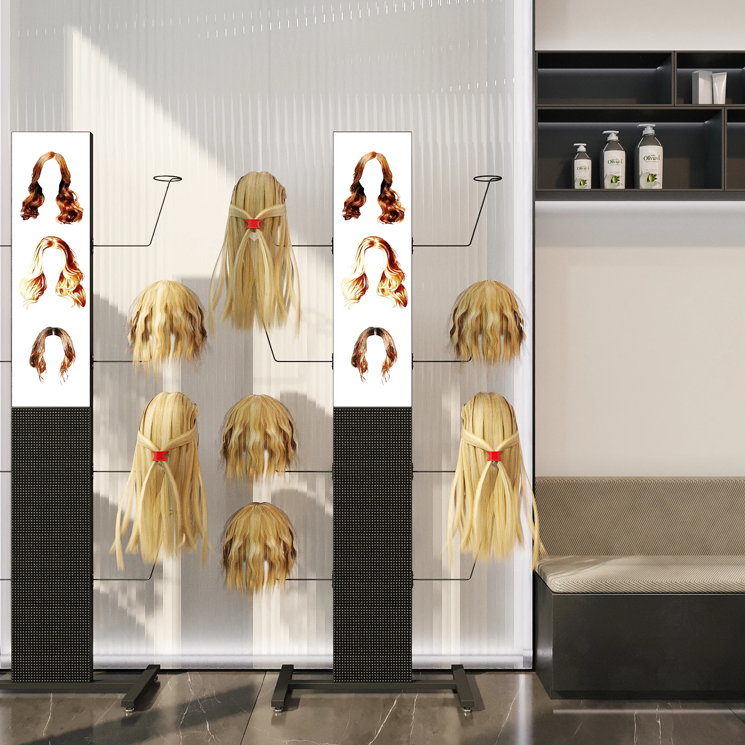 Europe fashion haircut shop iron black custom beauty salon wigs bundles hair extension display rack shelf