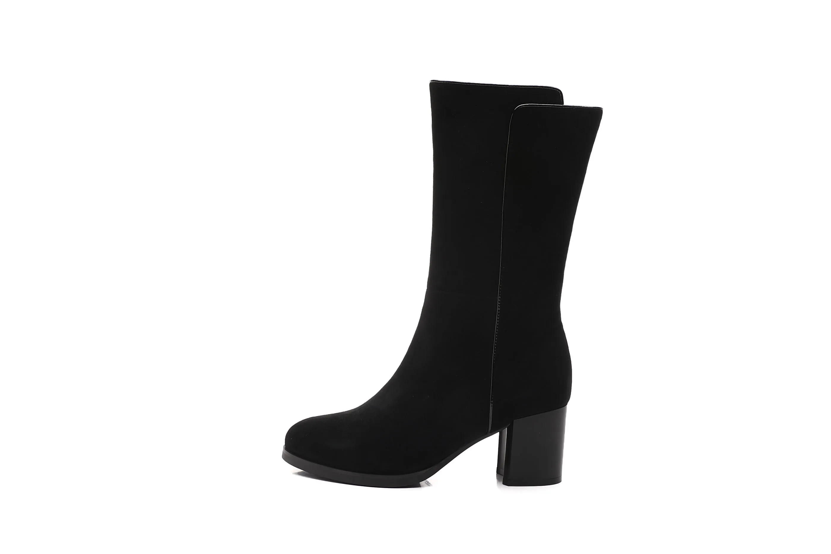 High Quality Kid Suede Round Toe Women Low Chunky Heel Black Zipper Winter Boots  for women with Plush lining