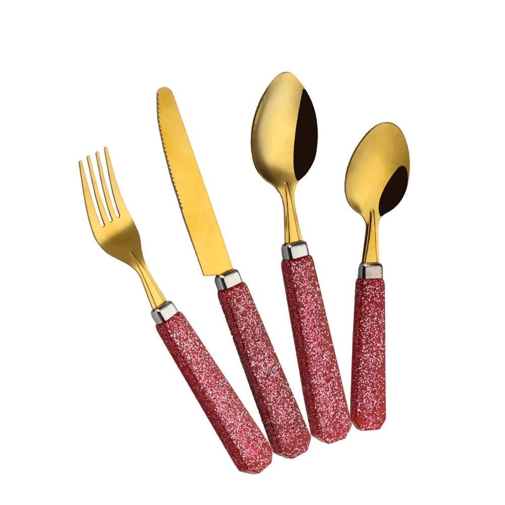 Plastic party cutlery flatware stainless steel cutlery set glitter handle 16 pcs cutlery set