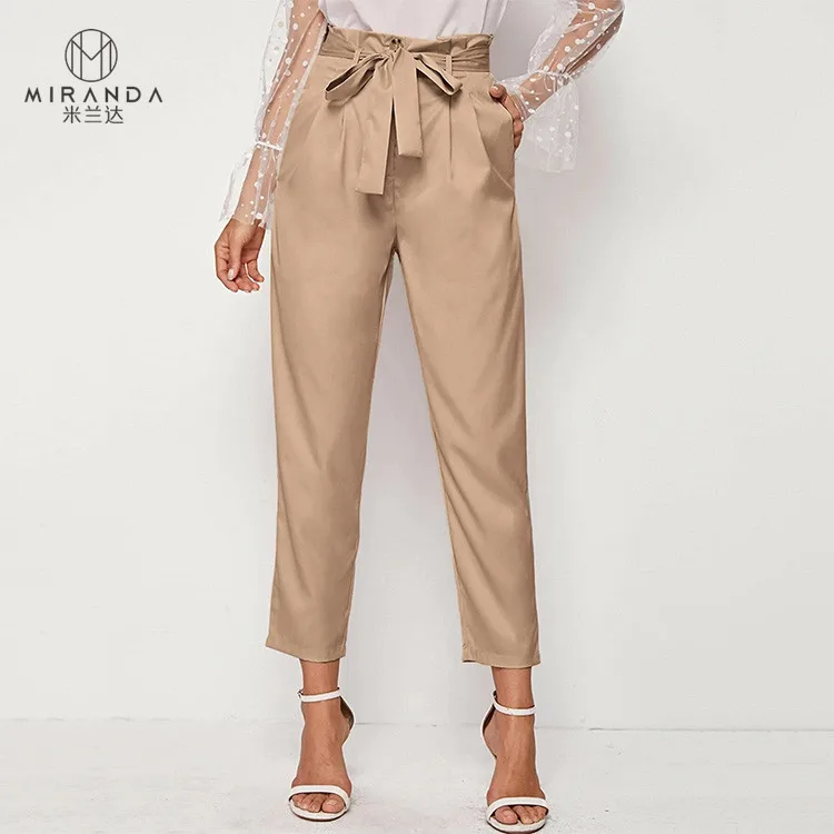 Wholesale Women Custom Paperbag Waist Belted Cigarette Pants Women