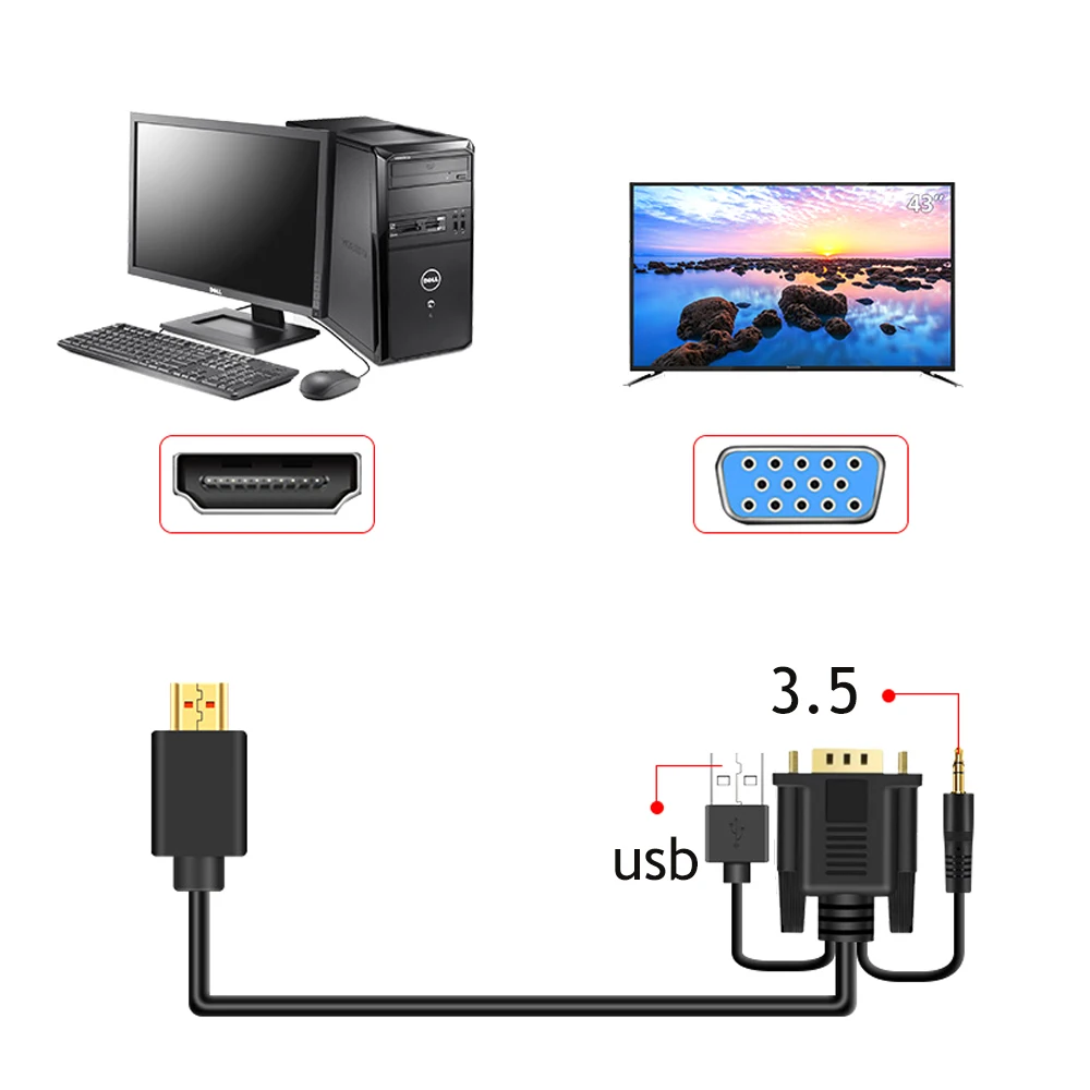 Multifunctional HDMI to VGA Cable with 3.5mm audio black HD video converter male to male 1 in 1 1m 2m 3m 5m