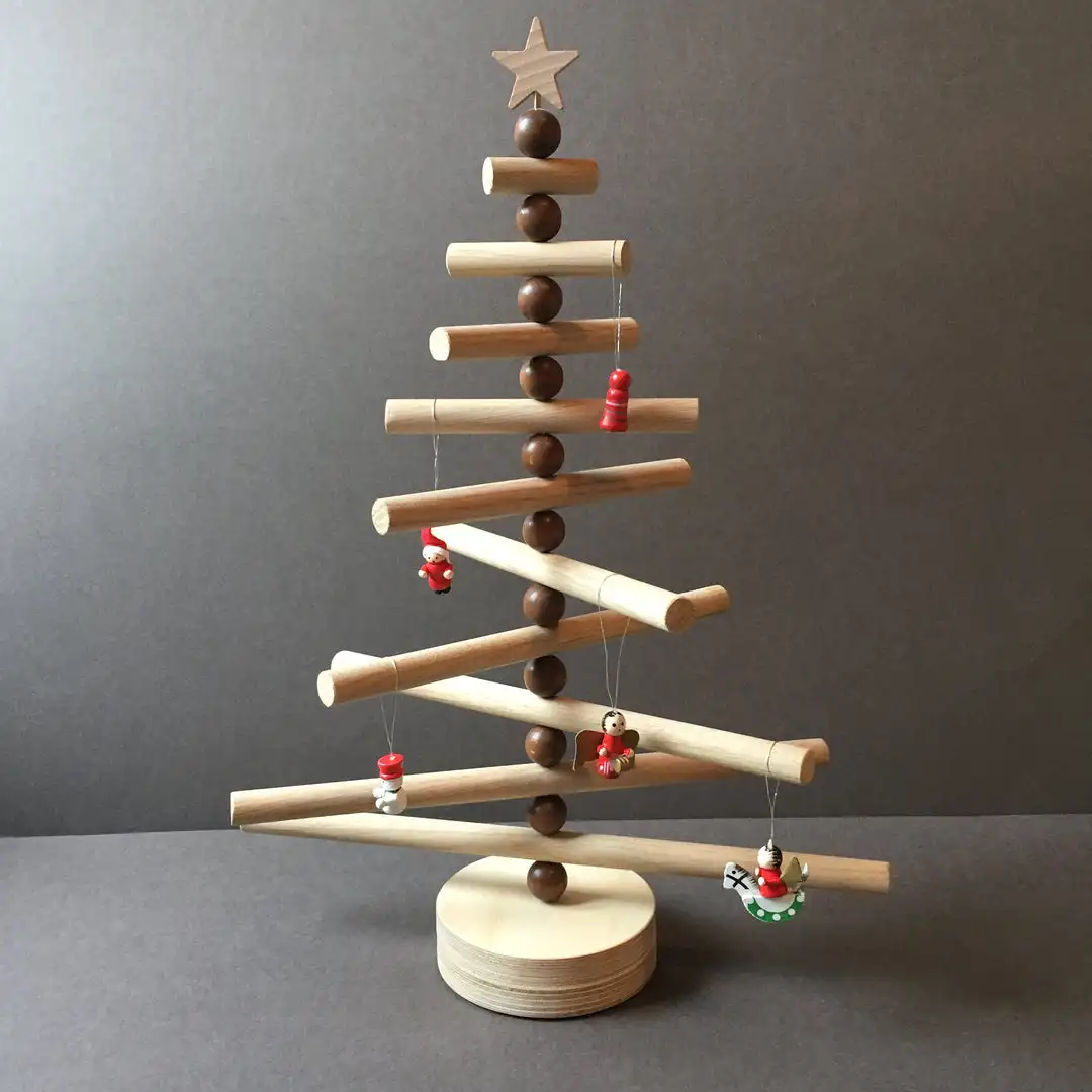 Wholesale High Quality Farmhouse Artificial Rotating Wood Christmas Tree Skirts Lights Stand Wood Christmas Tree