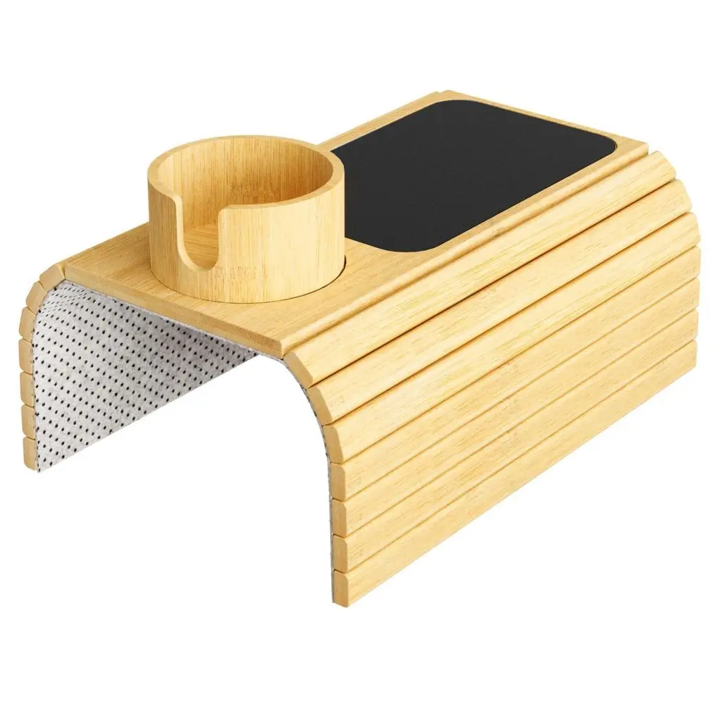 Foldable Anti-Slip Couch Arm Table with 360 Degree Rotating Drink Holder No Installation Bamboo Couch Arm Tray for Drink Snack