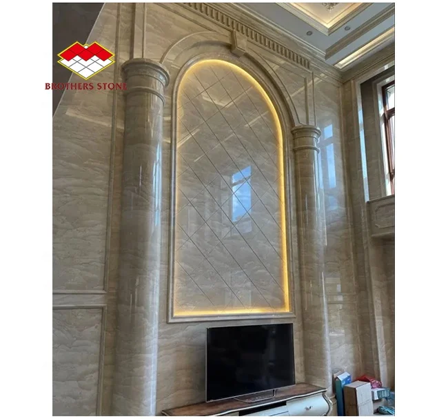 Luxury Mansion Background Wall Decoration Lotus Flower Beige Quartz Natural Marble Stone Feature Wall For Living Room