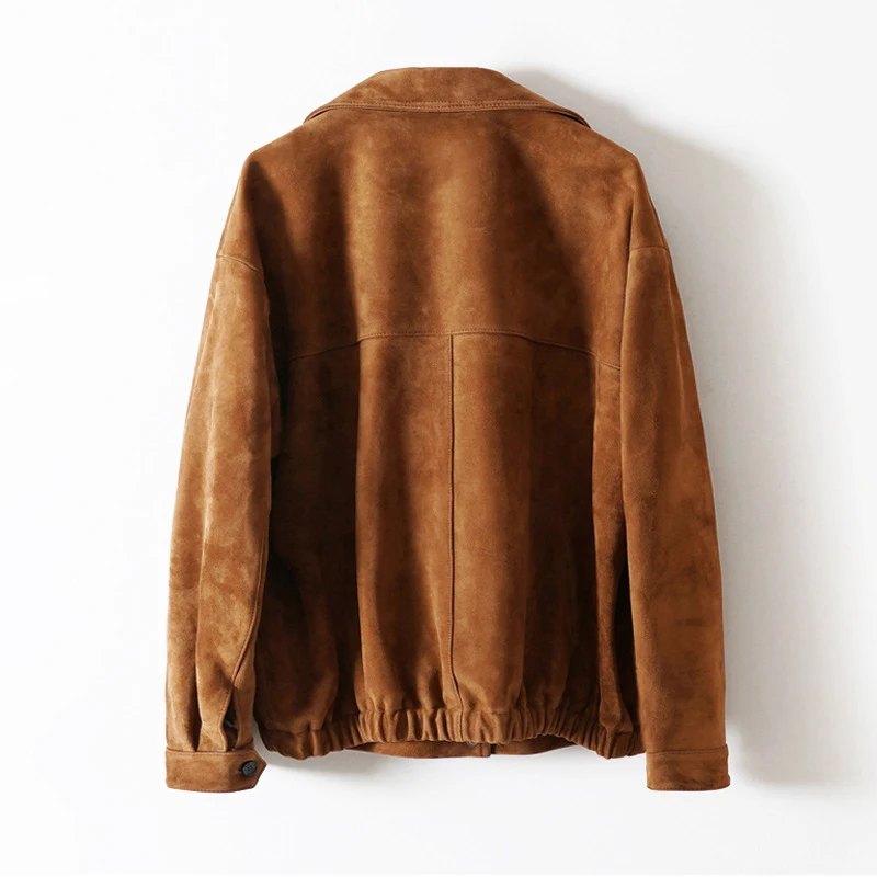 Fall Luxury Elastic Hem Short Genuine Leather Coat Custom Logo Soft Warm Bomber Brown Sheepskin Suede Leather Jacket for Women