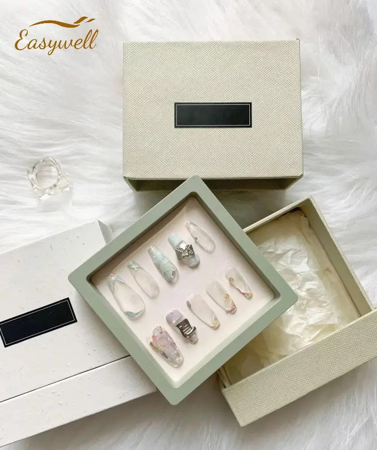 New popular acrylic fingernails press on nails box handmade 28pcs  Almond French Gel nails press on