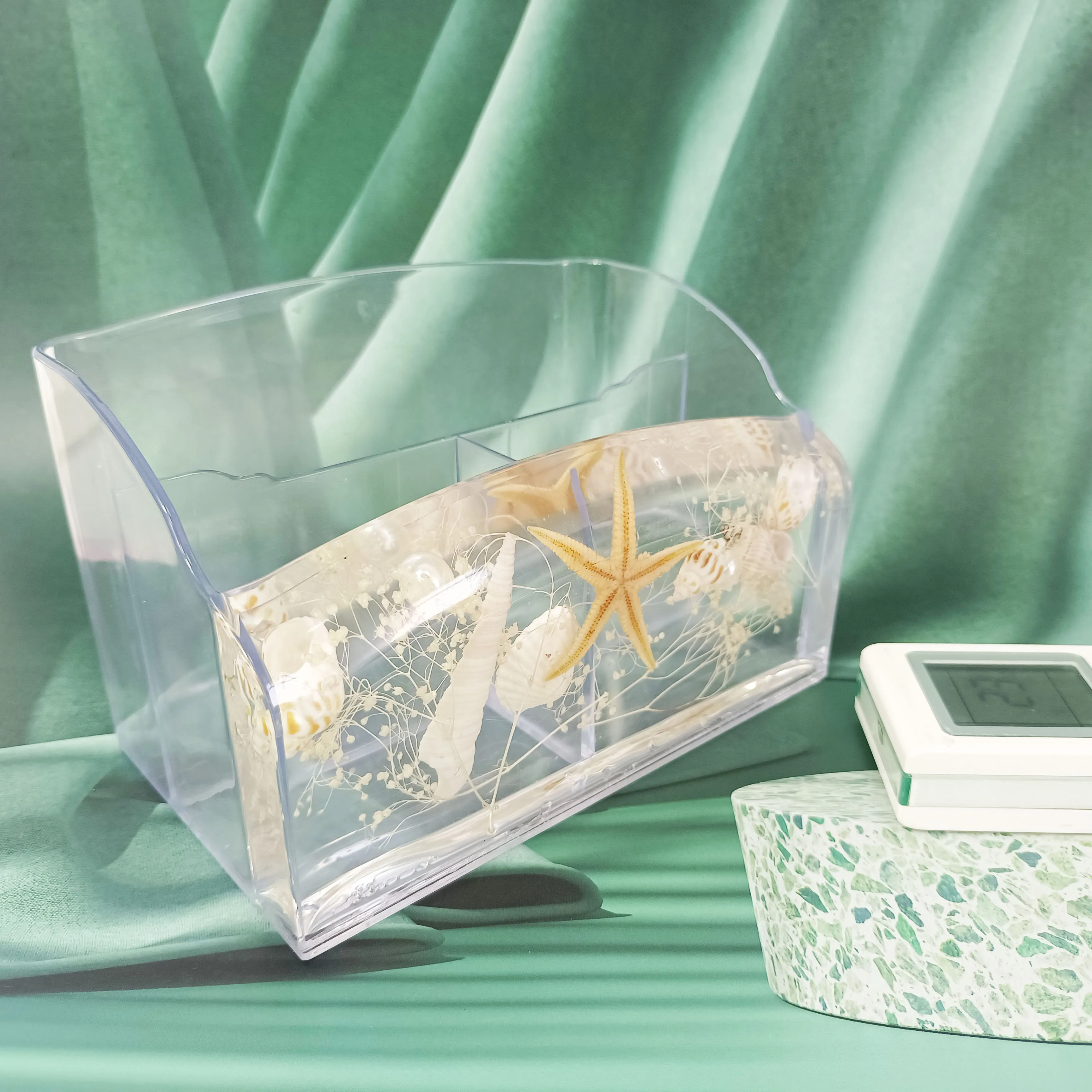 Acrylic Stationery Organizer 3 Compartments Seashells TV AC Remote Control Holder for Organization