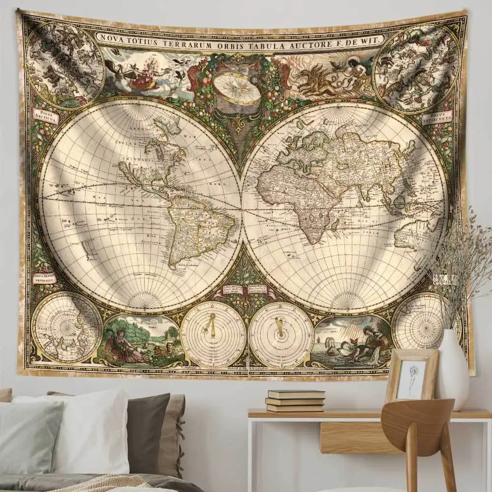 Vintage Color Magic Academy Nautical Treasure Map Background Cloth Woven Tapestry for Living Room Bedside or Rental House Decor