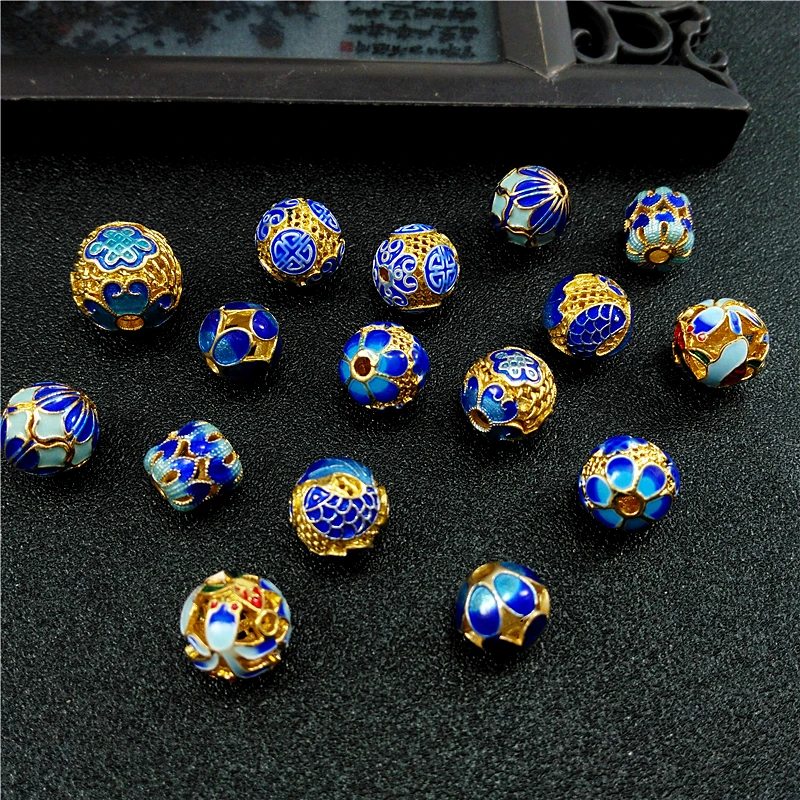 Fashion Round Ball Hollow Carved Enamel Cloisonne Top Quality Gold-Color Spacers Beads for Earring Bracelet Accessories Jewelry