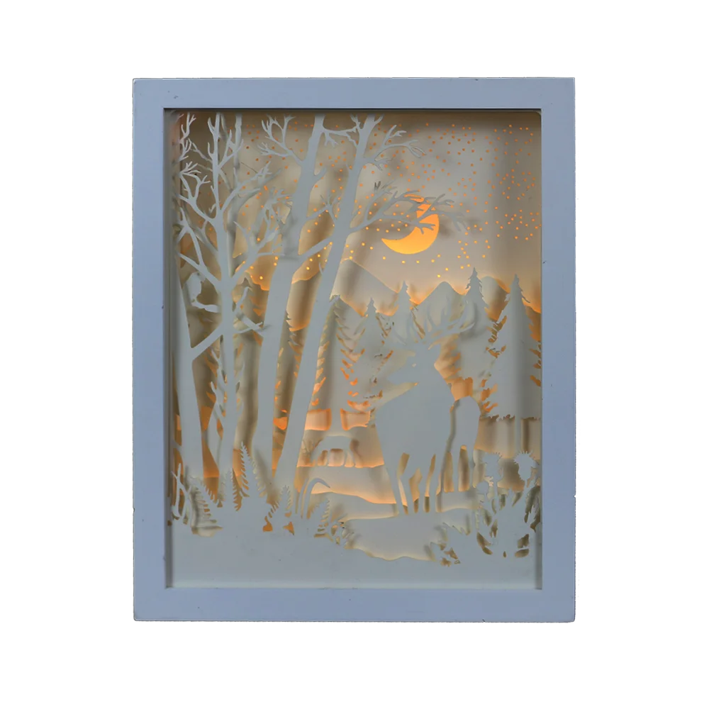 3D LED LIGHT BOX Wooden frame Paper print Paper silhouette deer in forest moonlight christmas light indoor battery operated