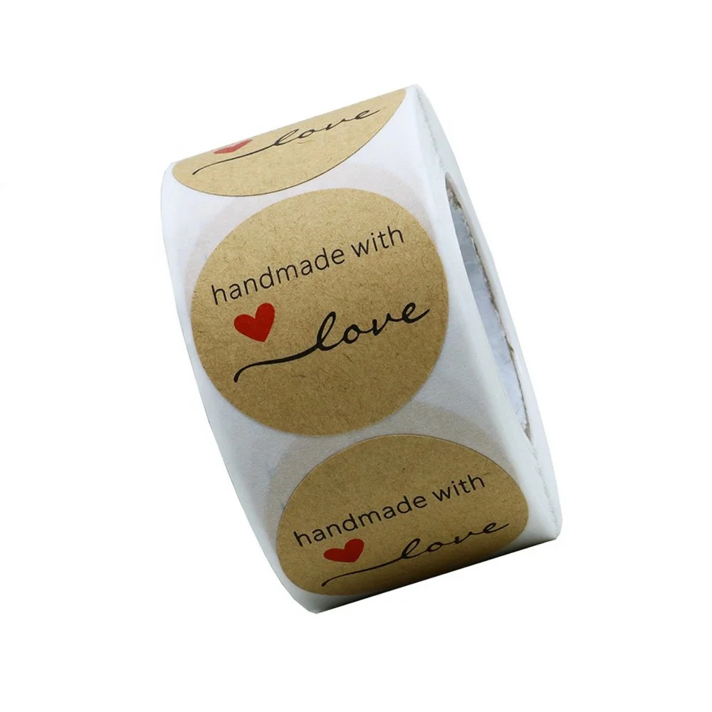 Custom 1.5 Inch Round Natural Kraft Paper  Handmade with Love Stickers Total 500 Adhesive Labels Per Roll