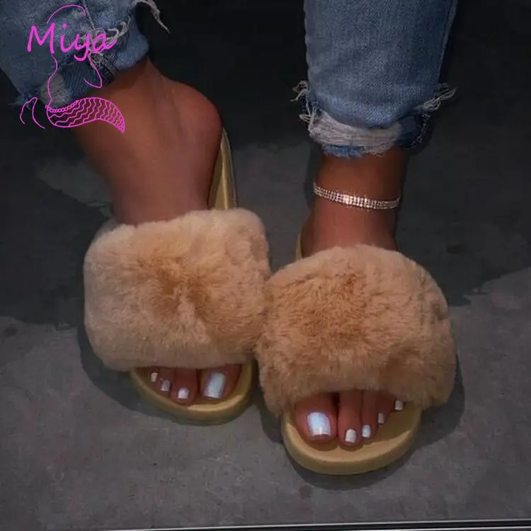 Wholesale Fall Winter Indoor Slippers Shoes Beautiful Furry Slippers for Women Sequined EVA Sole Open Toe Flat Fur Slipper