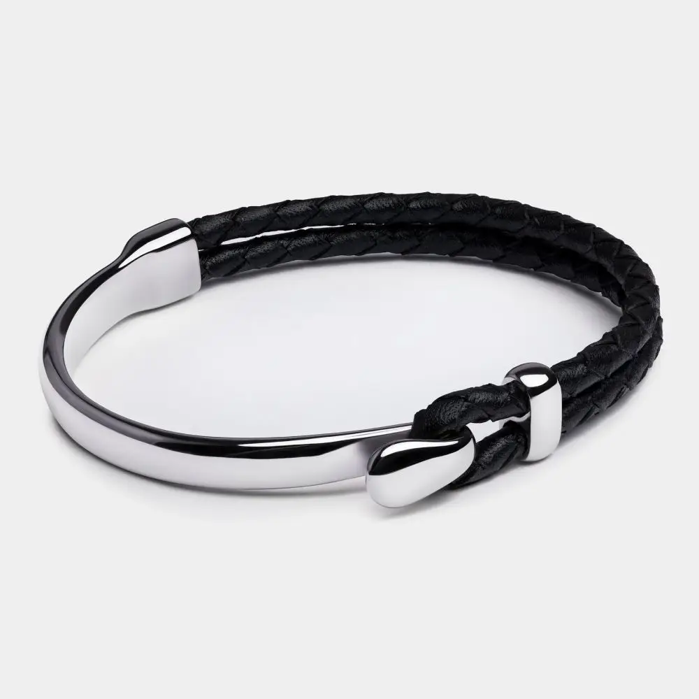 Unique Design Stainless Steel Custom Logo Black Braided Genuine Leather Bracelet for Men