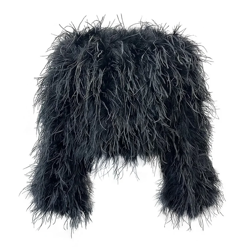 Custom Size Women Luxury Long Sleeve Crop Fur Jacket Fluffy Ostrich Feather Coat