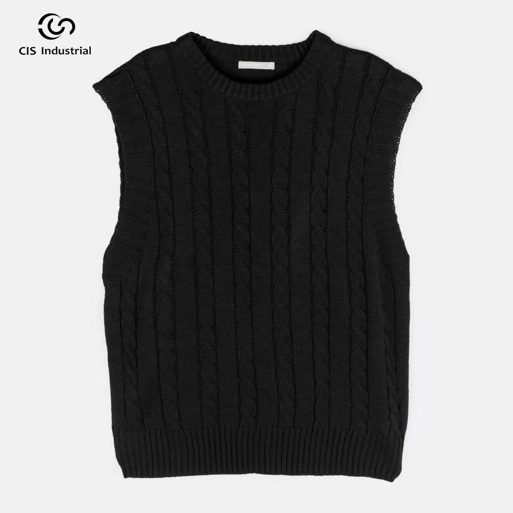 Oem/Odm Custom O-neck Pullover Knit Vest Black Tank Top Women High Quality Cable Knit Sleeveless Sweater Vest For Women