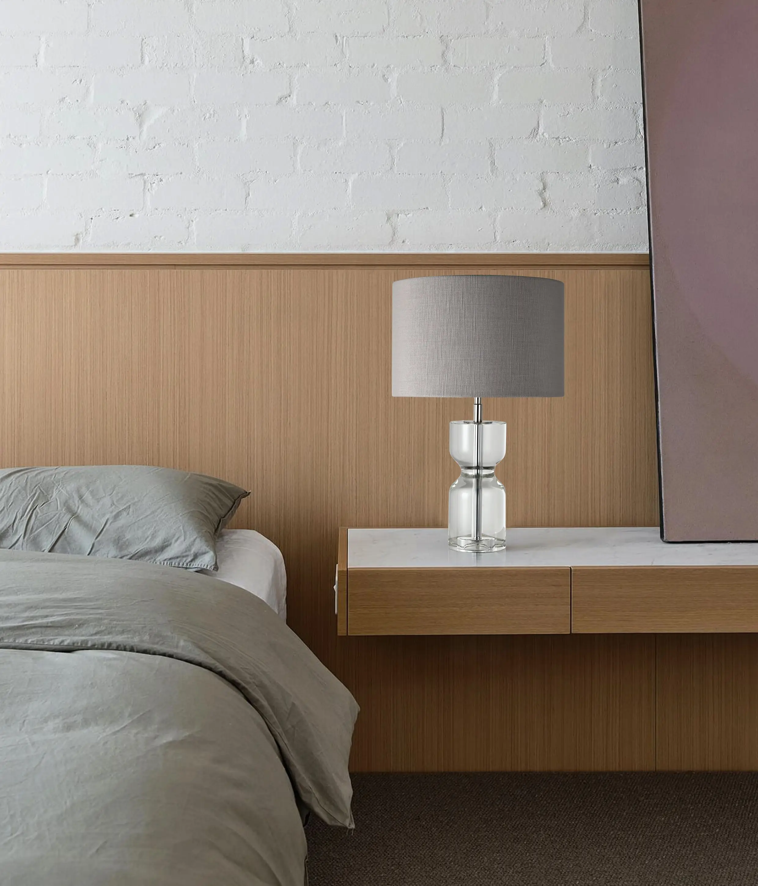 Contemporary Retro Round Fabric LampShade Desk Light Bedroom Luxury Crystal Column Table Lanp