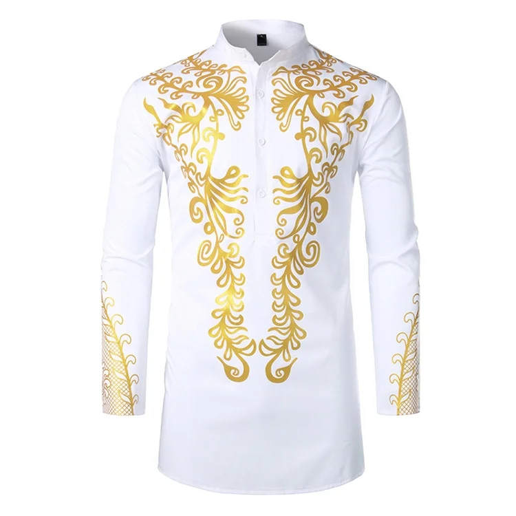 MXCHAN SJH2503 Hot Sale Men Cotton Polyester African Printing Long Sleeve Stand Collar Dashiki Shirt
