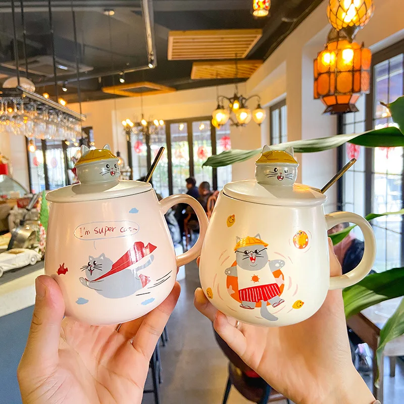 Cartoon creative cute cat ceramic cup with lid spoon office coffee mug male and female student couple cup
