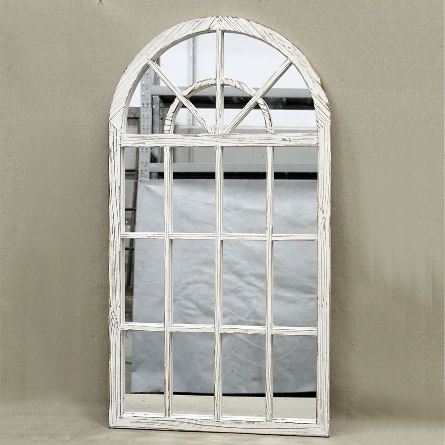 Luckywind Rustic Farmhouse Distressed White Wood Window Mirror, Vintage Decorative Arched Window Frame Wall Mounted Mirror
