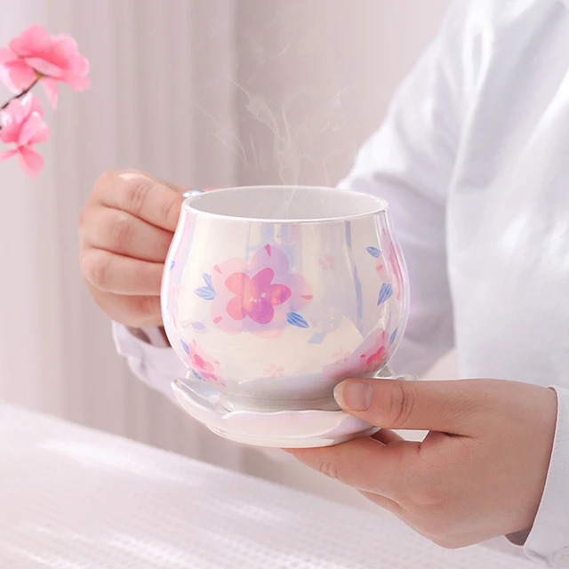 Creative cherry blossom ceramic mug with lid cute gift office breakfast coffee mug