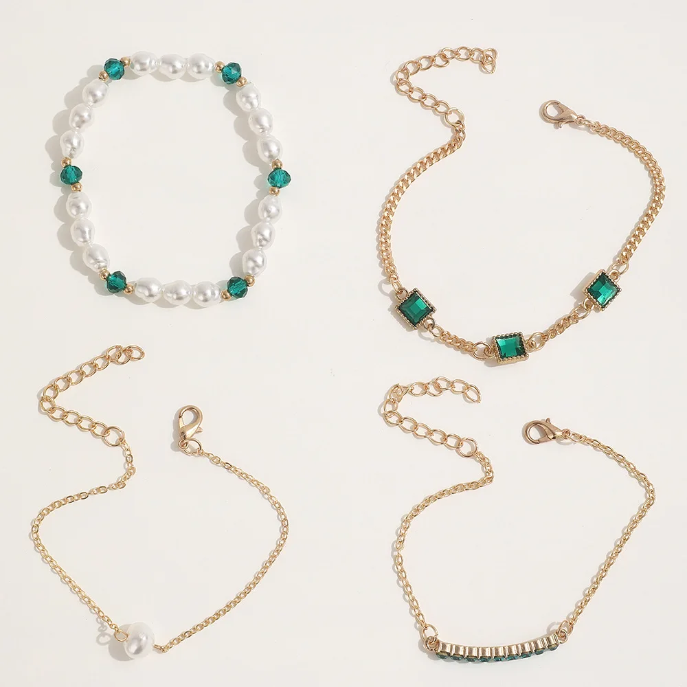 Senior Sense Niche Crystal Hand String Set Beaded Bracelet Tarnish Free Gold Plated Stainless Steel Imitation Pearl Bracelet Set