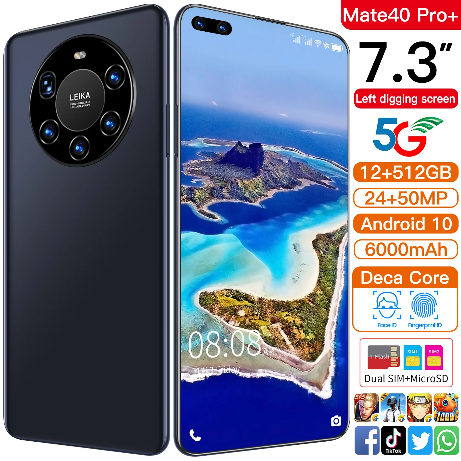 
Mate 40 Pro+ Hot Selling 12GB+512GB 7.3Inch full Display Android 10.0 Mobile Phone Cell Phone Smartphone 
